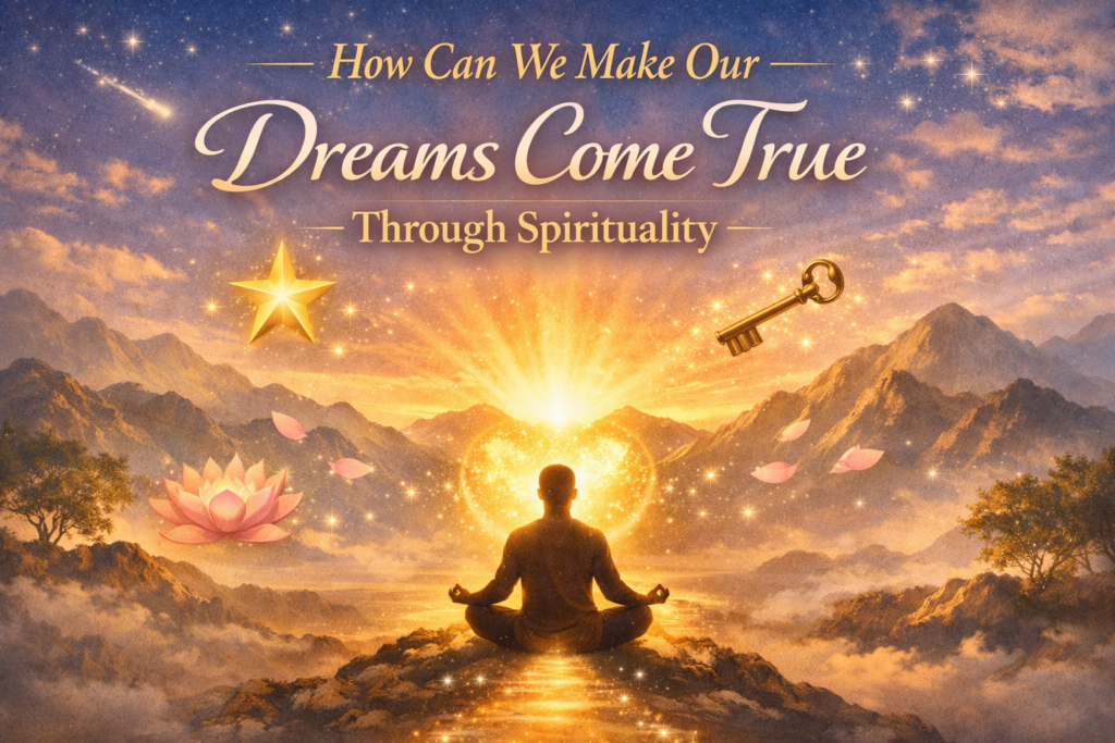 Silhouetted person meditating on rocks as a glowing heart and sunrise radiate above mountains, with a key and star nearby and the title about dreams and spirituality awaiting interpretation.