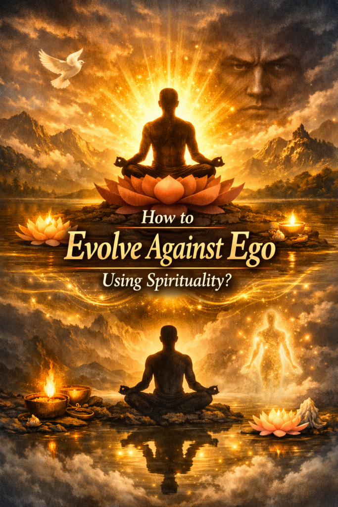 Artwork of a meditating person sitting on a lotus, glowing golden light, with the title 'How to Evolve Against Ego Using Spirituality?'