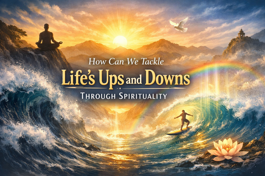 Cover art: a person meditating on a rock as a surfer rides a large wave at sunset, with a lotus Bloom and rainbow in the distance, promoting spirituality.