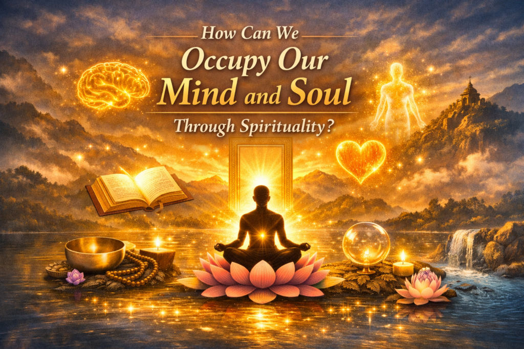 Golden spiritual collage: a meditating figure on a lotus with glowing brain, heart, book, and sunrise; header text about spirituality.