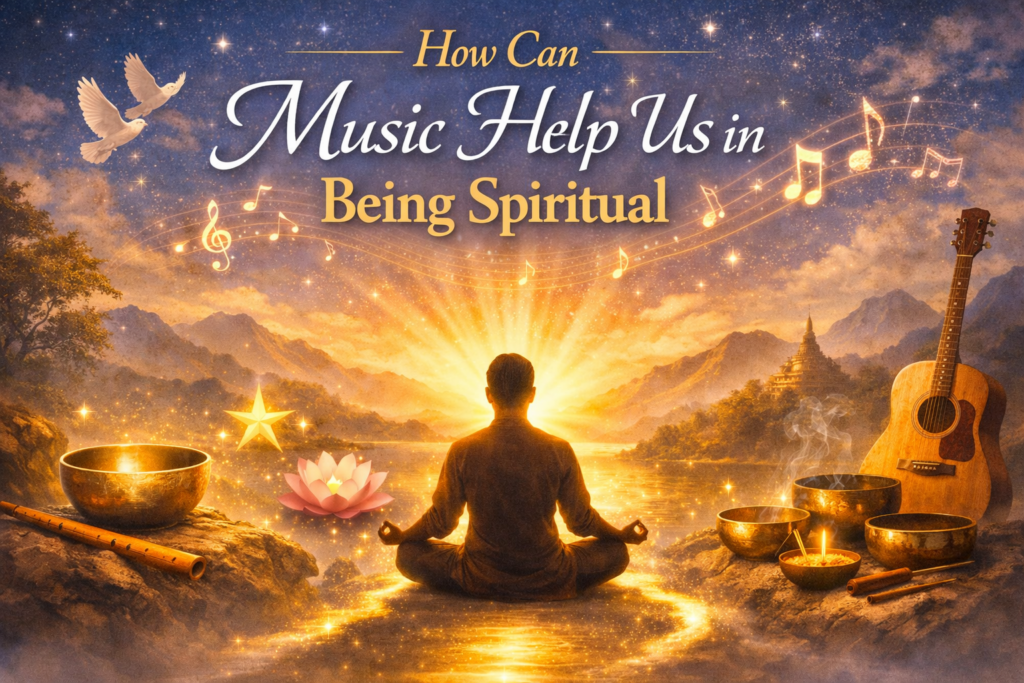 Banner showing the title 'How Can Music Help Us in Being Spiritual' over a meditating person at sunrise with musical notes, lotus, and a guitar nearby.