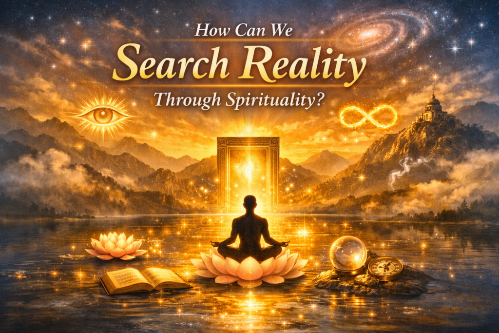 Golden spiritual poster: a person meditating on lotus flowers before a glowing doorway, with a cosmic sky, eye symbol, infinity ring, and sacred objects nearby.
