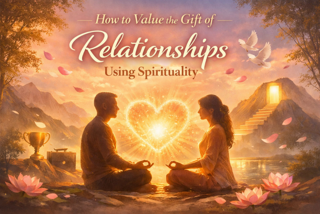 Couple meditating by a glowing heart on a lakeshore, with mountains, lotus blossoms, and a bright doorway on a hill in the distance.