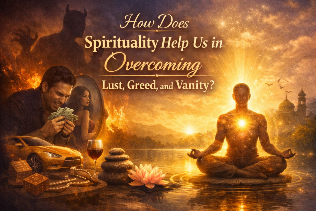 Spiritual-themed poster showing money, luxury items, and a glowing meditator symbolizing overcoming lust, greed, and vanity.