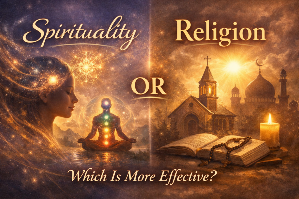 Cover comparing spirituality and religion: a serene woman meditating with cosmic imagery on the left and a sunlit religious scene with a church, mosque, candle, and prayer beads on the right. Caption: Which Is More Effective?