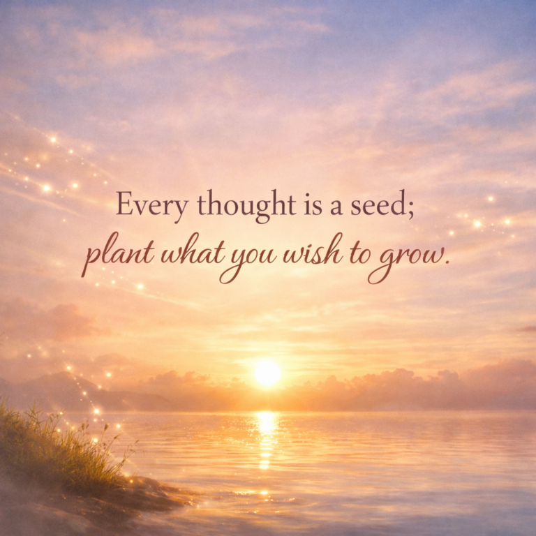 Sunset over calm water with grasses at the shore; inspirational quote about planting thoughts to grow.