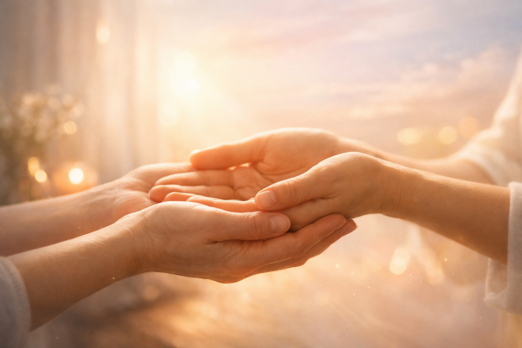 Two hands gently cupping together in warm sunlight, conveying care and support without words.