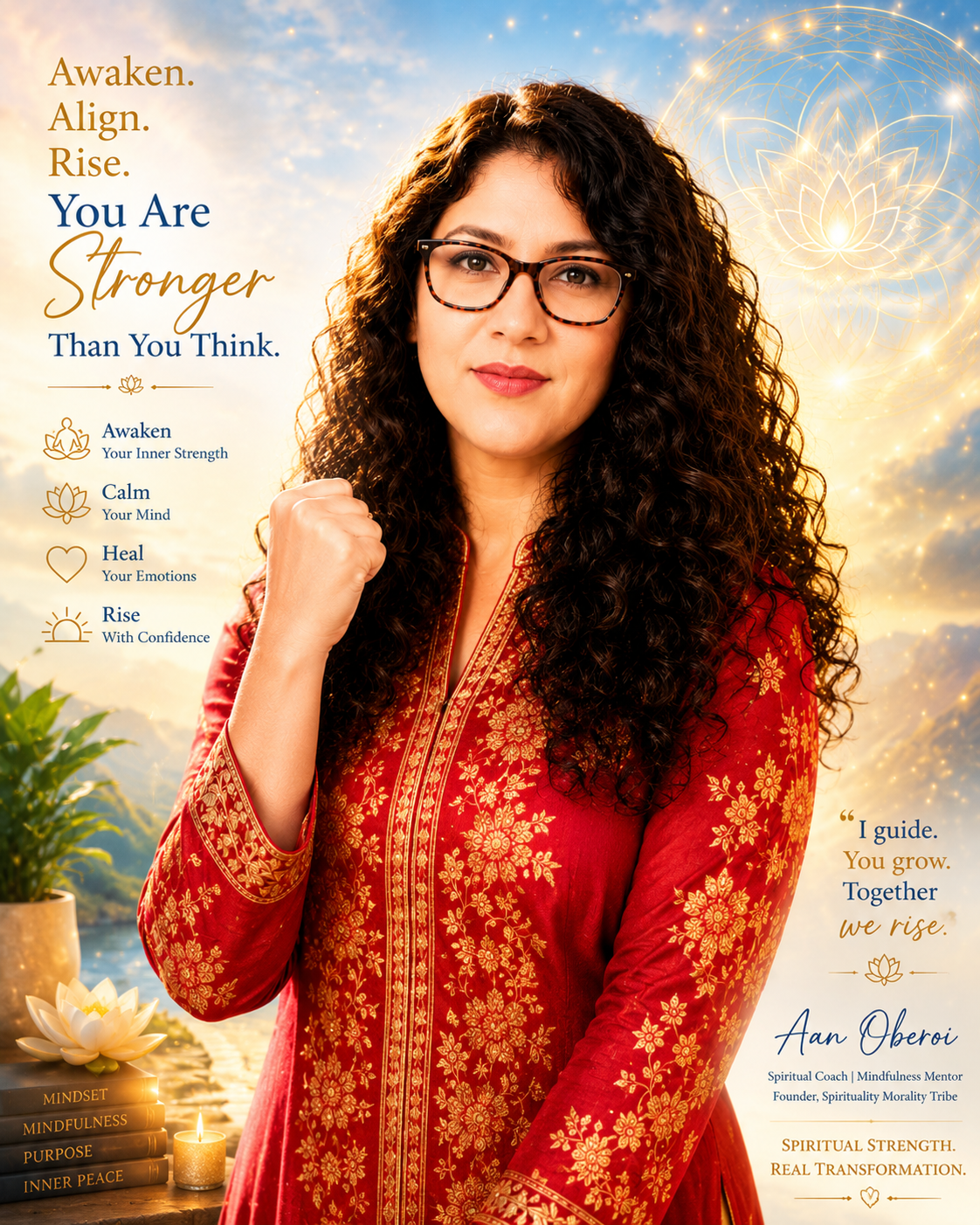 Portrait of a confident woman in a red embroidered dress with glasses, fist raised; left-aligned inspirational text reads 'Awaken. Align. Rise. You Are Stronger Than You Think.' with lotus motif on the right and mindfulness books nearby.