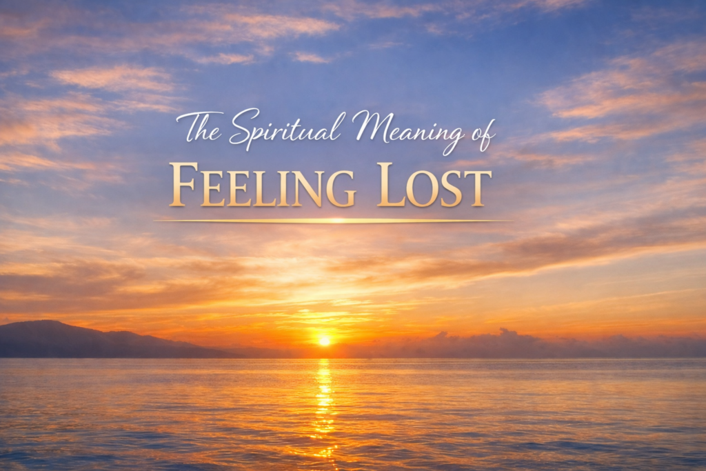 Sunset over calm ocean with the title 'The Spiritual Meaning of Feeling Lost' across the sky in elegant fonts.