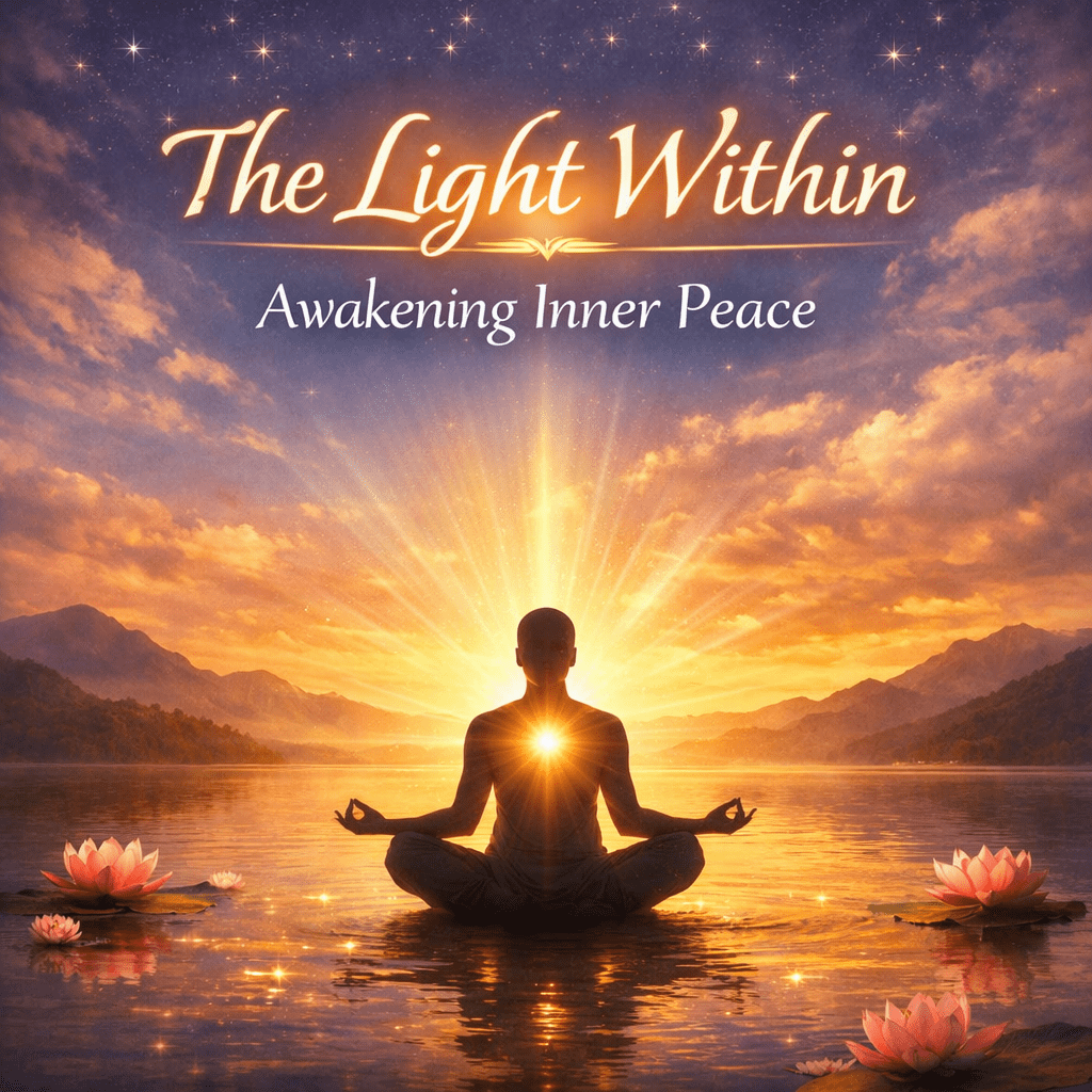 Silhouette meditating on a sunlit lake at dawn, with a radiant glow at the chest and pink lotus flowers nearby.