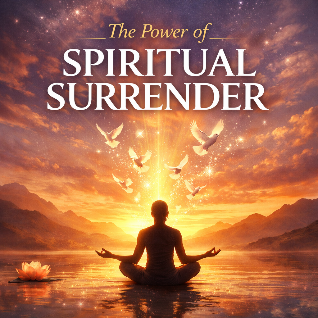 Silhouette meditating on a lake at sunset, with doves and a radiant glow; title: The Power of Spiritual Surrender.